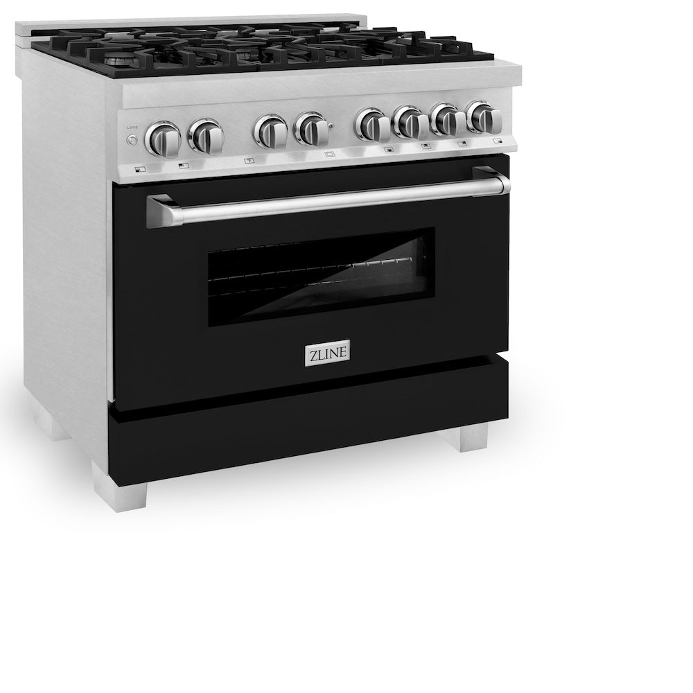 ZLINE 36 in. 4.6 cu. ft. Legacy Dual Fuel Range with 6 Burner Gas Cooktop and Electric Convection Oven in Satin Stainless Steel and Black Matte Door (RAS-BLM-36) side.