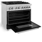 ZLINE 36 in. 4.6 cu. ft. Legacy Dual Fuel Range with 6 Burner Gas Cooktop and Electric Convection Oven in Satin Stainless Steel and Black Matte Door (RAS-BLM-36) side, oven open.