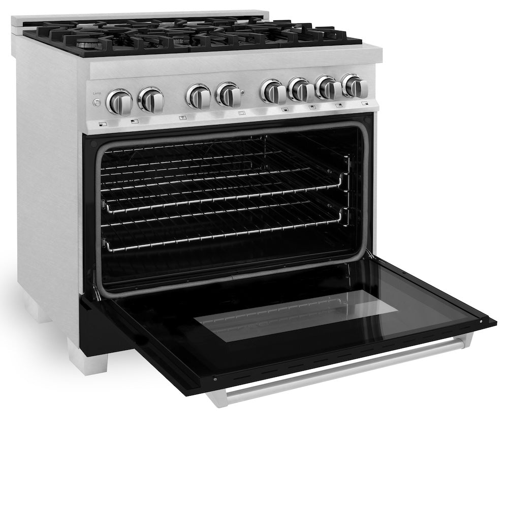 ZLINE 36 in. 4.6 cu. ft. Legacy Dual Fuel Range with 6 Burner Gas Cooktop and Electric Convection Oven in Satin Stainless Steel and Black Matte Door (RAS-BLM-36) side, oven open.