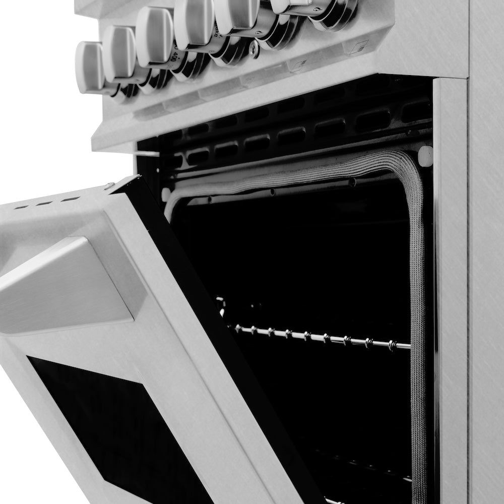 ZLINE 24 in. 2.8 cu. ft. Legacy Dual Fuel Range with 4 Burner Gas Cooktop and Electric Convection Oven in Satin Stainless Steel, Open Box-Good Condition