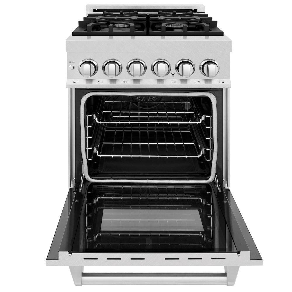 ZLINE 24 in. 2.8 cu. ft. Legacy Dual Fuel Range with 4 Burner Gas Cooktop and Electric Convection Oven in Satin Stainless Steel (RAS-SN-24) front, oven open.