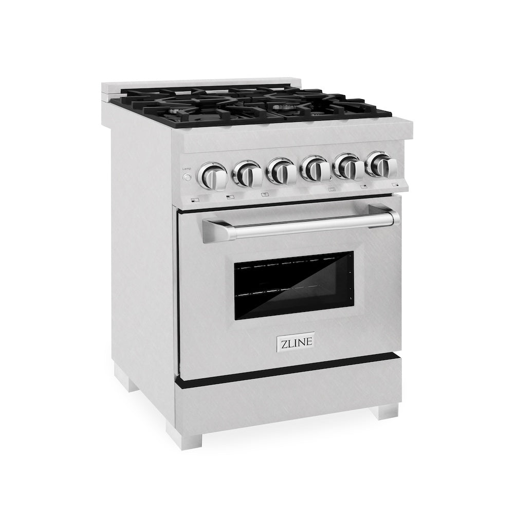 ZLINE 24 in. 2.8 cu. ft. Legacy Dual Fuel Range with 4 Burner Gas Cooktop and Electric Convection Oven in Satin Stainless Steel (RAS-SN-24) main image.