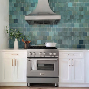 Modern kitchen with ZLINE 30 in. 4.0 cu. ft. Legacy Dual Fuel Range with 4 Burner Gas Cooktop and Electric Convection Oven in Satin Stainless Steel (RAS-SN-30)
and green tiled backsplash