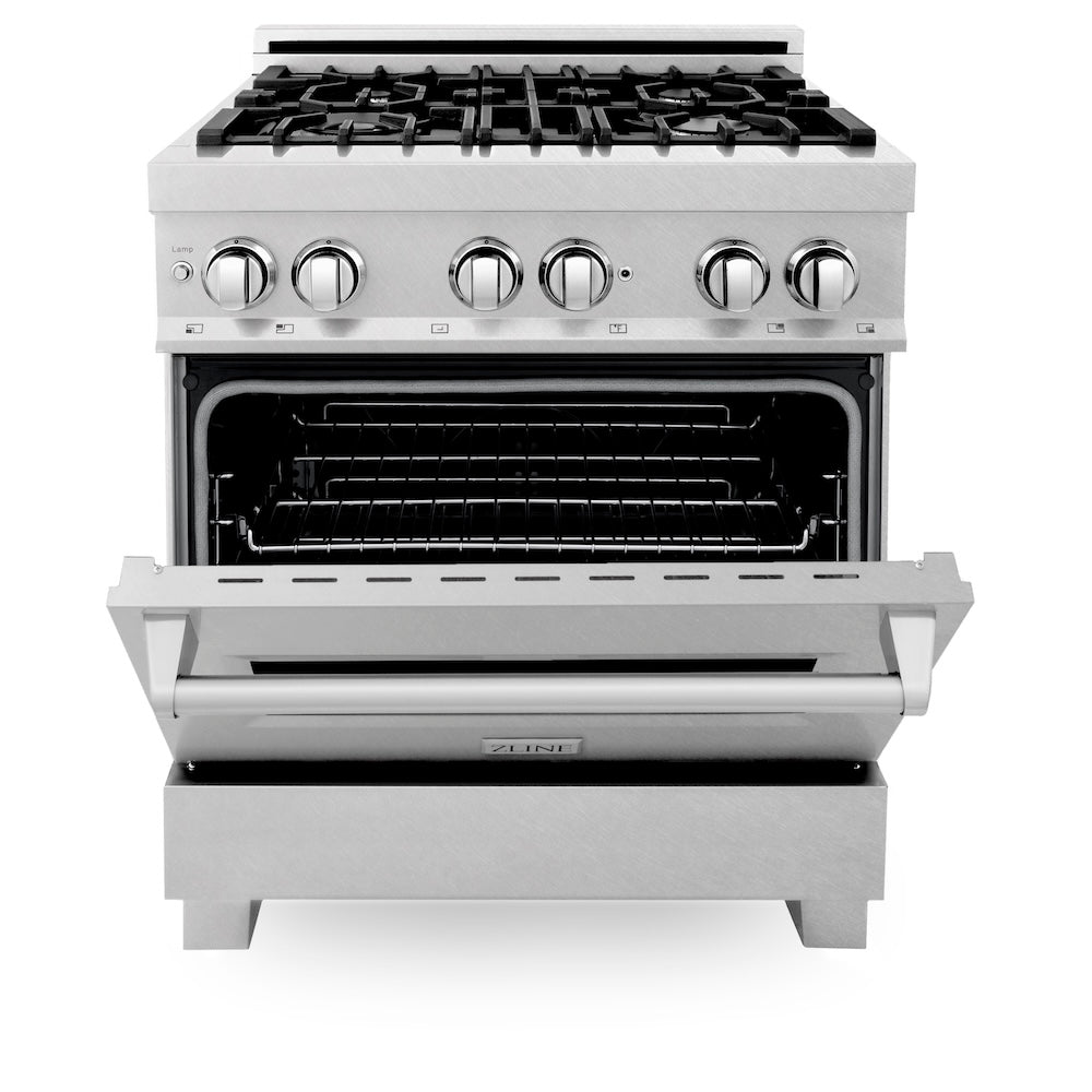 ZLINE 30 in. 4.0 cu. ft. Legacy Dual Fuel Range with 4 Burner Gas Cooktop and Electric Convection Oven in Satin Stainless Steel, Open Box-Excellent Condition
