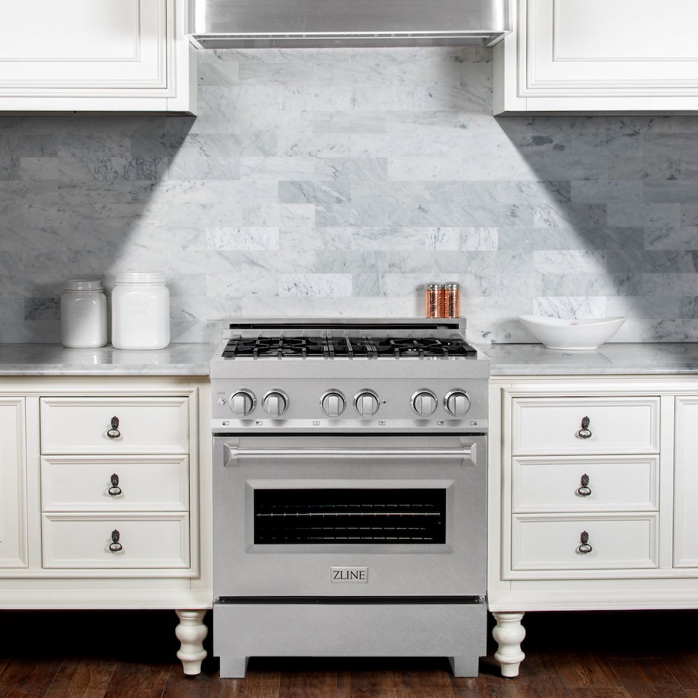 ZLINE 30 in. 4.0 cu. ft. Legacy Dual Fuel Range with 4 Burner Gas Cooktop and Electric Convection Oven in Satin Stainless Steel, Open Box-Good Condition