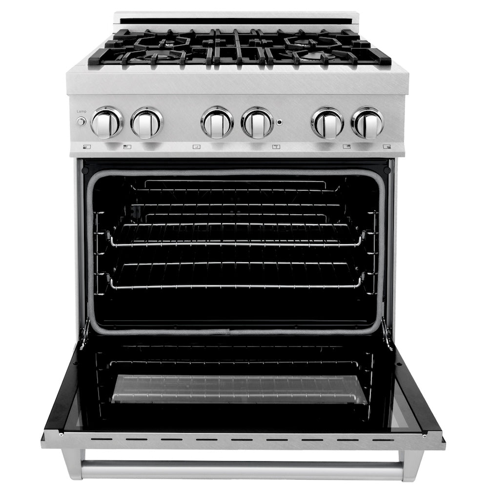 ZLINE 30 in. Kitchen Package with Satin Stainless Steel Dual Fuel Range and Over The Range Microwave (2KP-RASOTRH30)