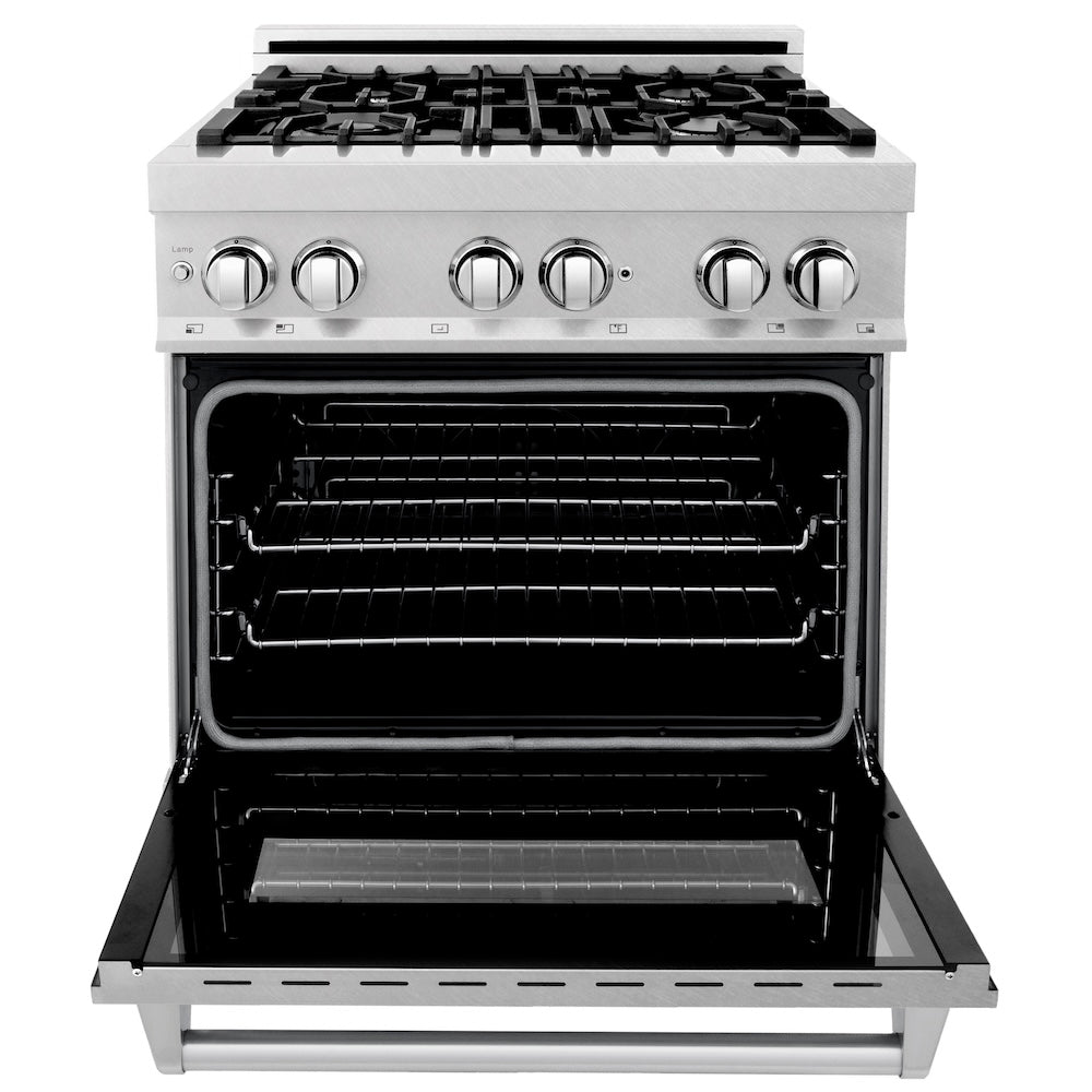 ZLINE 30 in. 4.0 cu. ft. Legacy Dual Fuel Range with 4 Burner Gas Cooktop and Electric Convection Oven in Satin Stainless Steel, Open Box-Excellent Condition