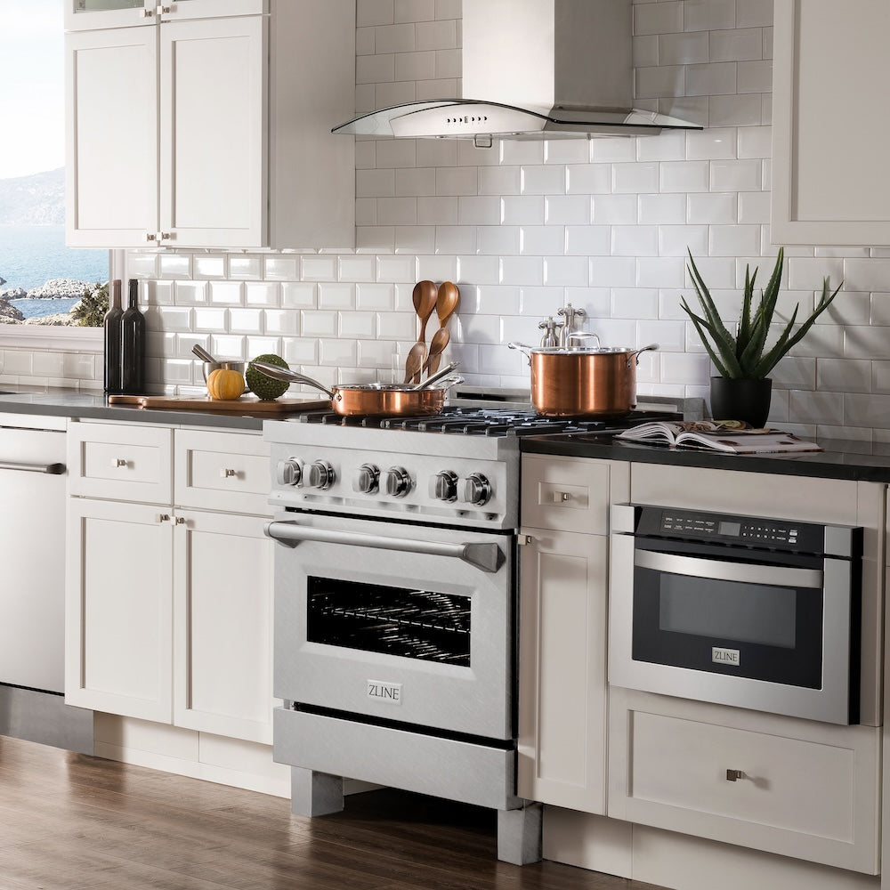 ZLINE 30 in. 4.0 cu. ft. Legacy Dual Fuel Range with 4 Burner Gas Cooktop and Electric Convection Oven in Satin Stainless Steel, Open Box-Good Condition