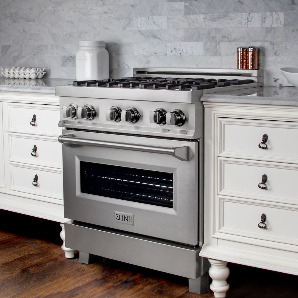 ZLINE 30 in. 4.0 cu. ft. Legacy Dual Fuel Range with 4 Burner Gas Cooktop and Electric Convection Oven in Satin Stainless Steel, Open Box-Good Condition