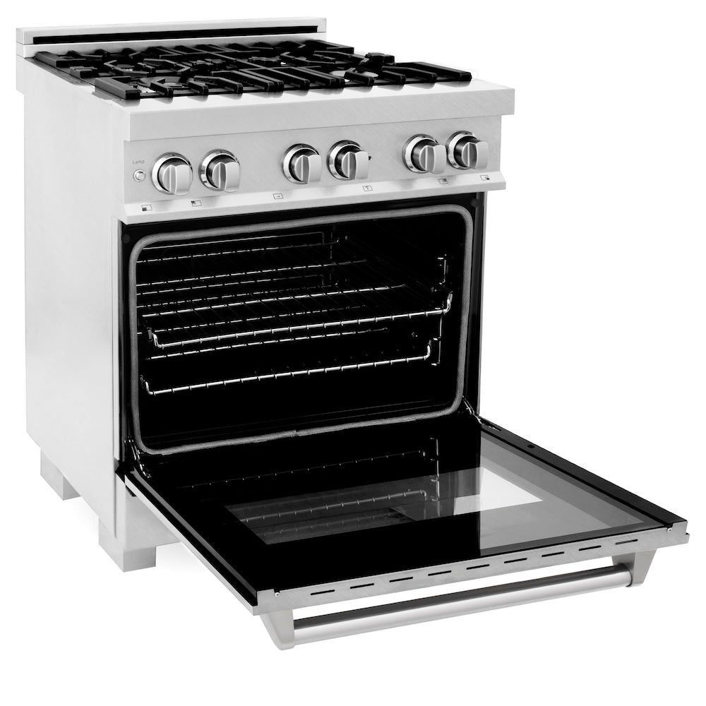 ZLINE 30 in. 4.0 cu. ft. Legacy Dual Fuel Range with 4 Burner Gas Cooktop and Electric Convection Oven in Satin Stainless Steel, Open Box-Good Condition