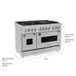 ZLINE 48 in. 6.0 cu. ft. Legacy Dual Fuel Range with 7 Burner Gas Cooktop and 2 Electric Ovens in Satin Stainless Steel (RAS-SN-48) dimensional diagram.