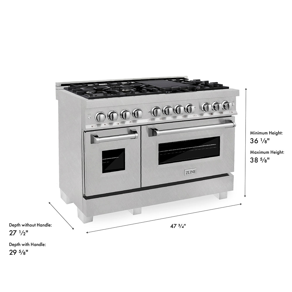 ZLINE 48 in. 6.0 cu. ft. Legacy Dual Fuel Range with 7 Burner Gas Cooktop and 2 Electric Ovens in Satin Stainless Steel, Open Box-Good Condition dimensional diagram.