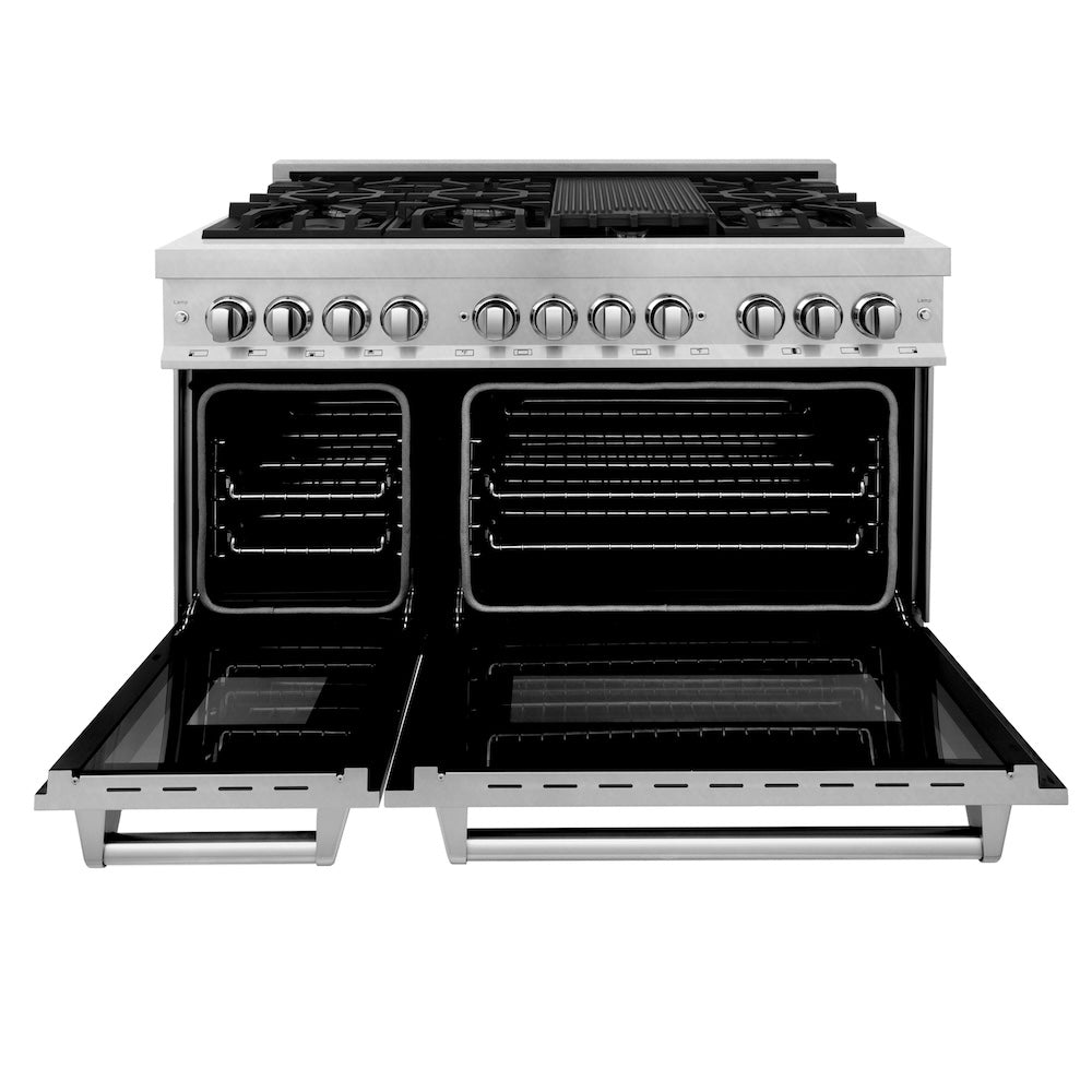 ZLINE 48 in. 6.0 cu. ft. Legacy Dual Fuel Range with 7 Burner Gas Cooktop and 2 Electric Ovens in Satin Stainless Steel (RAS-SN-48) front, oven open.