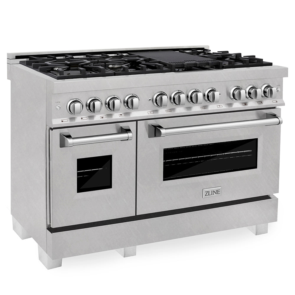ZLINE 48 in. 6.0 cu. ft. Legacy Dual Fuel Range with 7 Burner Gas Cooktop and 2 Electric Ovens in Satin Stainless Steel (RAS-SN-48) main image.