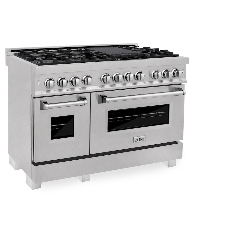 ZLINE 48 in. 6.0 cu. ft. Legacy Dual Fuel Range with 7 Burner Gas Cooktop and 2 Electric Ovens in Satin Stainless Steel (RAS-SN-48) side.