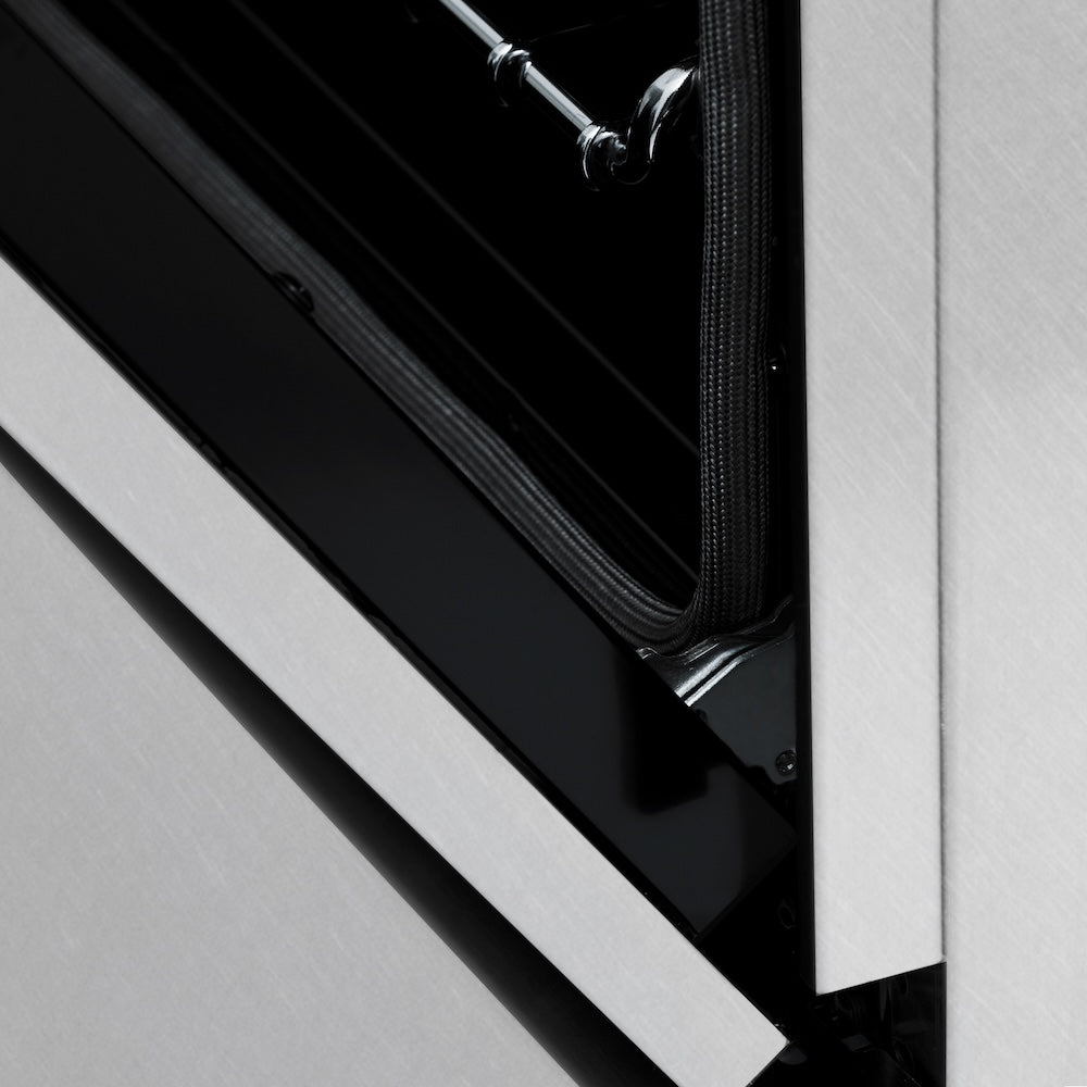 ZLINE 60 in. 7.4 cu. ft. Legacy Dual Fuel Range with 9 Burner Gas Cooktop and 2 Electric Convection Ovens in Satin Stainless Steel (RAS-SN-60) StayPut oven door hinge.