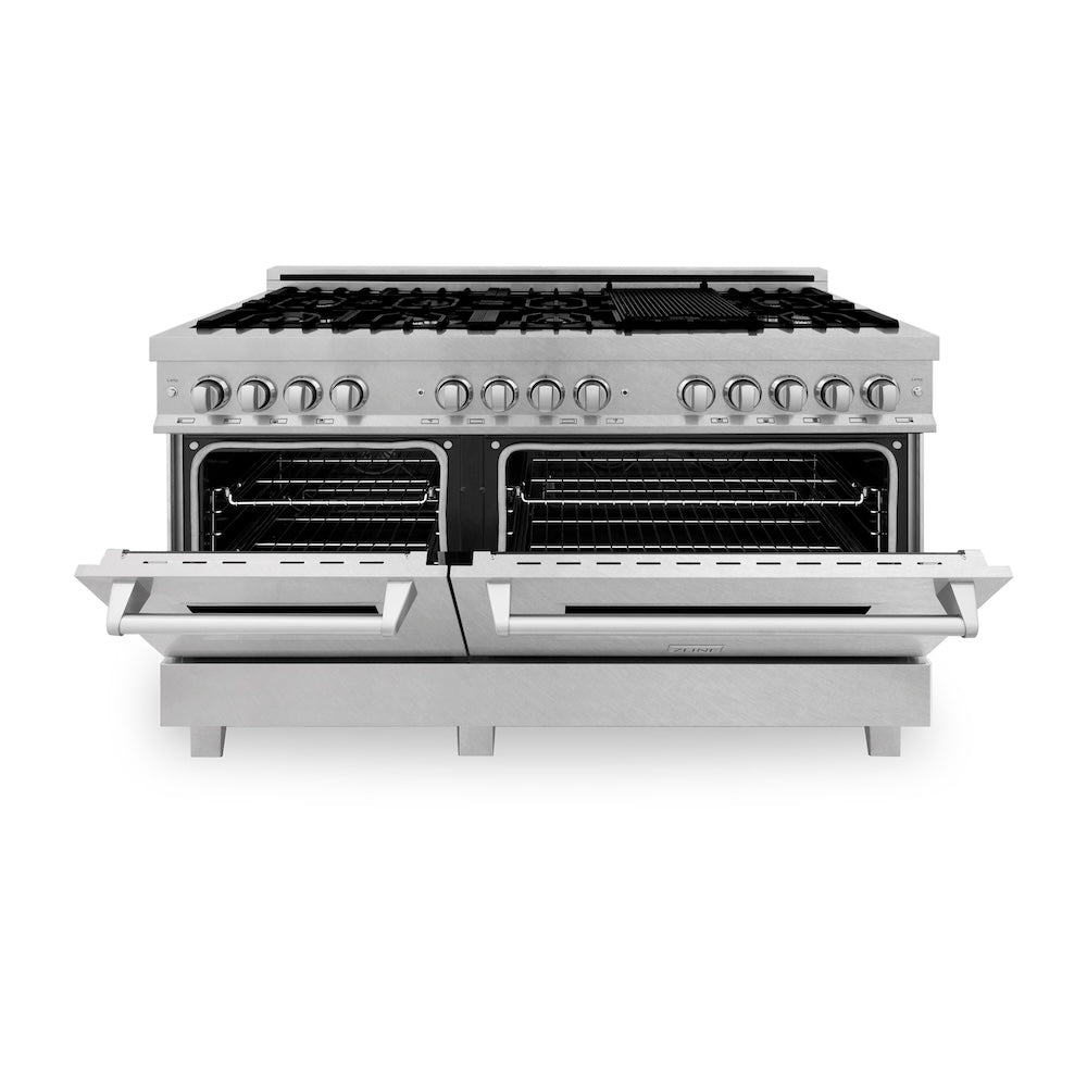 ZLINE 60 in. 7.4 cu. ft. Legacy Dual Fuel Range with 9 Burner Gas Cooktop and 2 Electric Convection Ovens in Satin Stainless Steel, Open Box-Great Condition