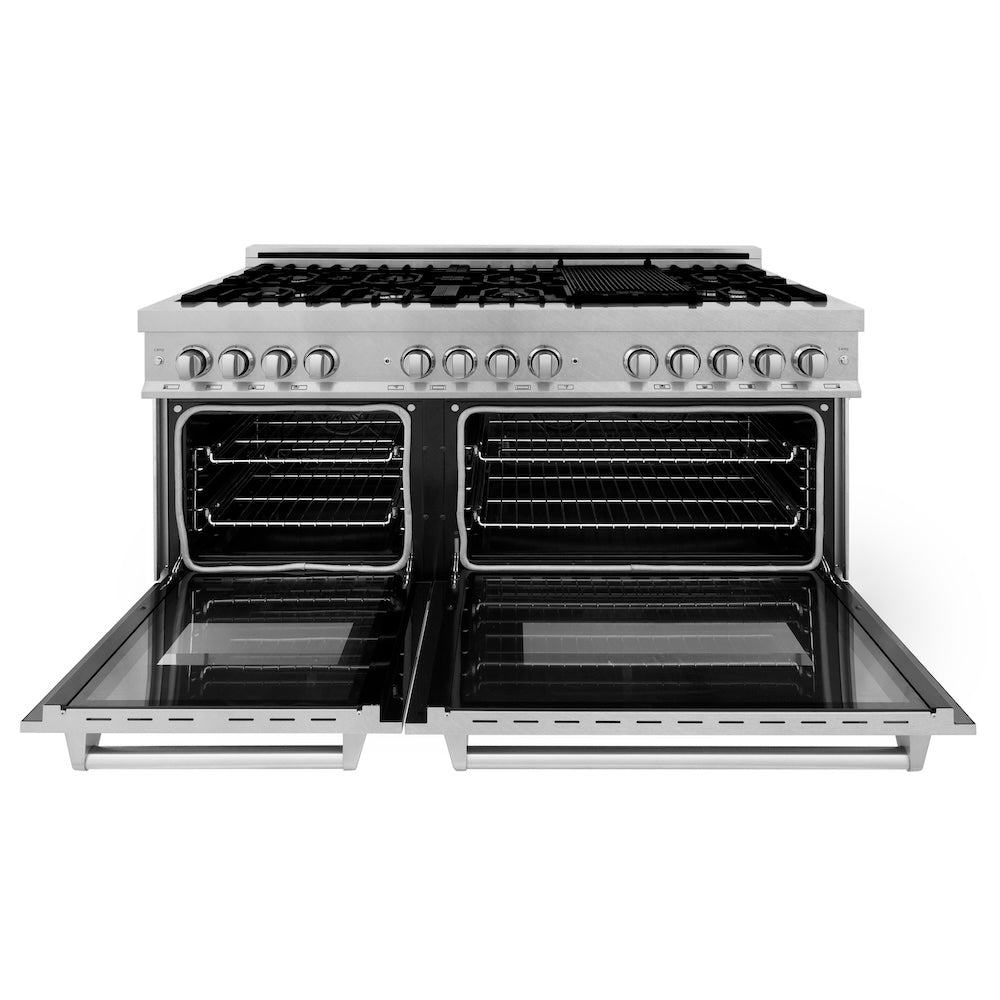ZLINE 60 in. 7.4 cu. ft. Legacy Dual Fuel Range with 9 Burner Gas Cooktop and 2 Electric Convection Ovens in Satin Stainless Steel, Open Box-Great Condition