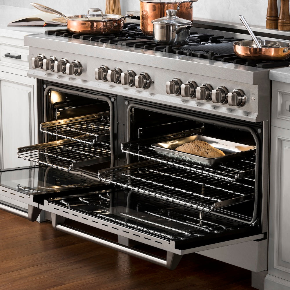 ZLINE 60 in. 7.4 cu. ft. Legacy Dual Fuel Range with 9 Burner Gas Cooktop and 2 Electric Convection Ovens in Satin Stainless Steel, Open Box-Great Condition