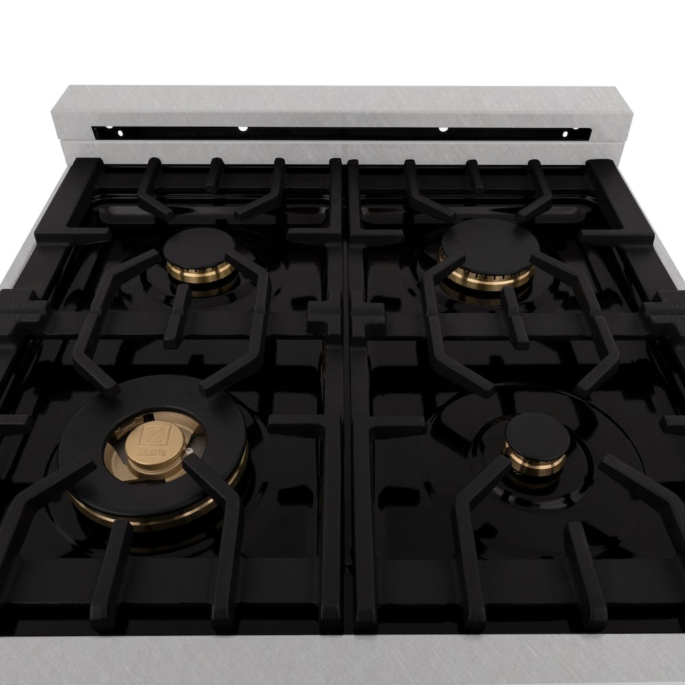 ZLINE 24 in. 2.8 cu. ft. Legacy Dual Fuel Range with Gas Cooktop and Electric Convection Oven in Satin Stainless Steel with 4 Brass Burners (RAS-SN-BR-24)