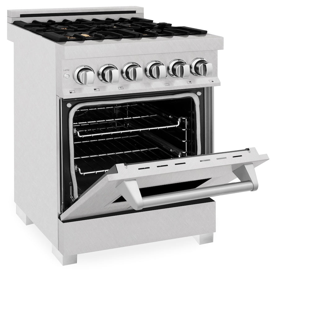 ZLINE 24 in. 2.8 cu. ft. Legacy Dual Fuel Range with Gas Cooktop and Electric Convection Oven in Satin Stainless Steel with 4 Brass Burners (RAS-SN-BR-24)