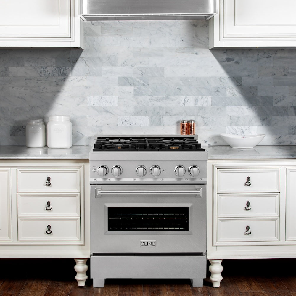 ZLINE 30 in. 4.0 cu. ft. Legacy Dual Fuel Range with Gas Cooktop and Electric Convection Oven in Satin Stainless Steel with 4 Brass Burners (RAS-SN-BR-30) front.