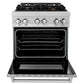 ZLINE 30 in. 4.0 cu. ft. Legacy Dual Fuel Range with Gas Cooktop and Electric Convection Oven in Satin Stainless Steel with 4 Brass Burners (RAS-SN-BR-30) front, oven open.