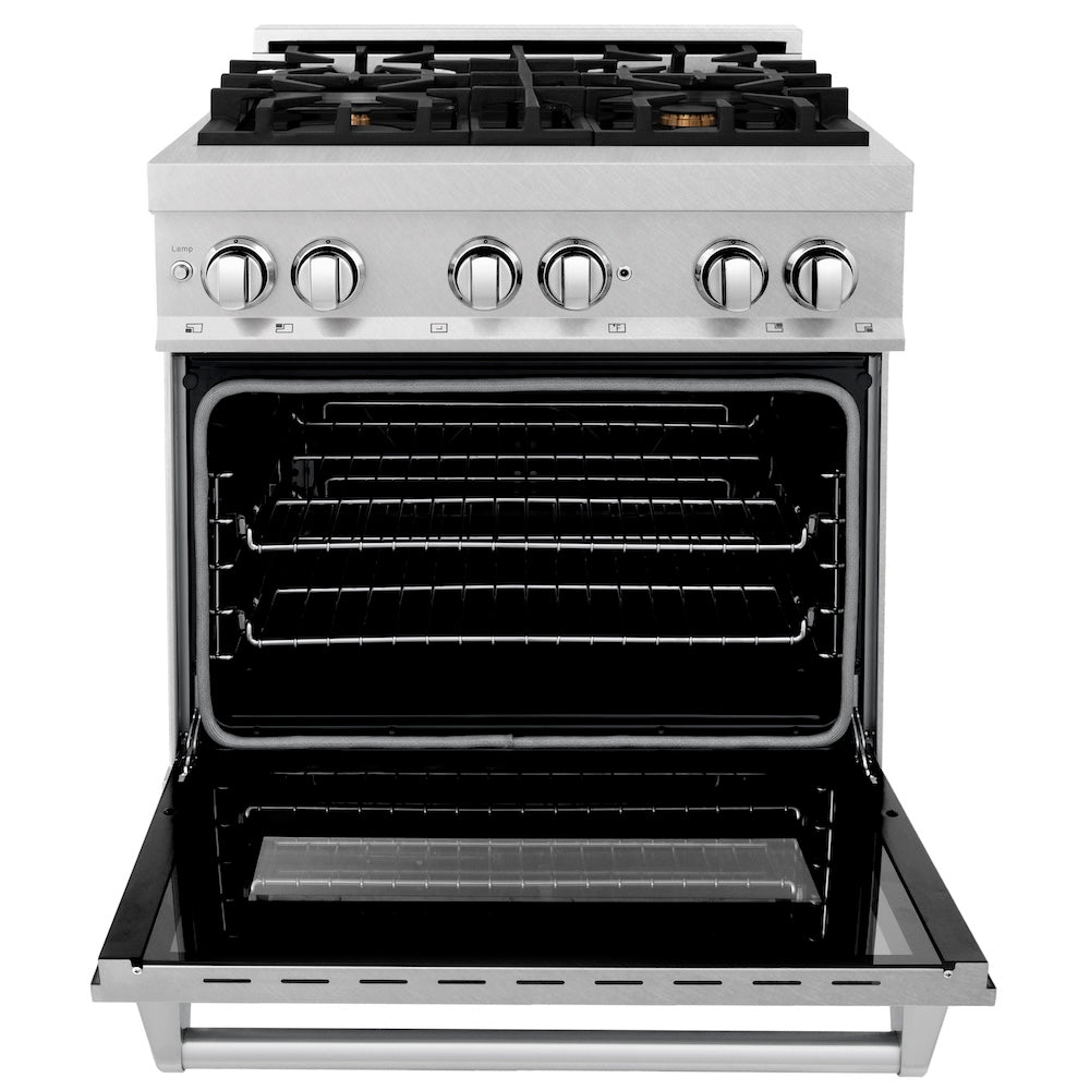 ZLINE 30 in. 4.0 cu. ft. Legacy Dual Fuel Range with Gas Cooktop and Electric Convection Oven in Satin Stainless Steel with 4 Brass Burners (RAS-SN-BR-30) front, oven open.