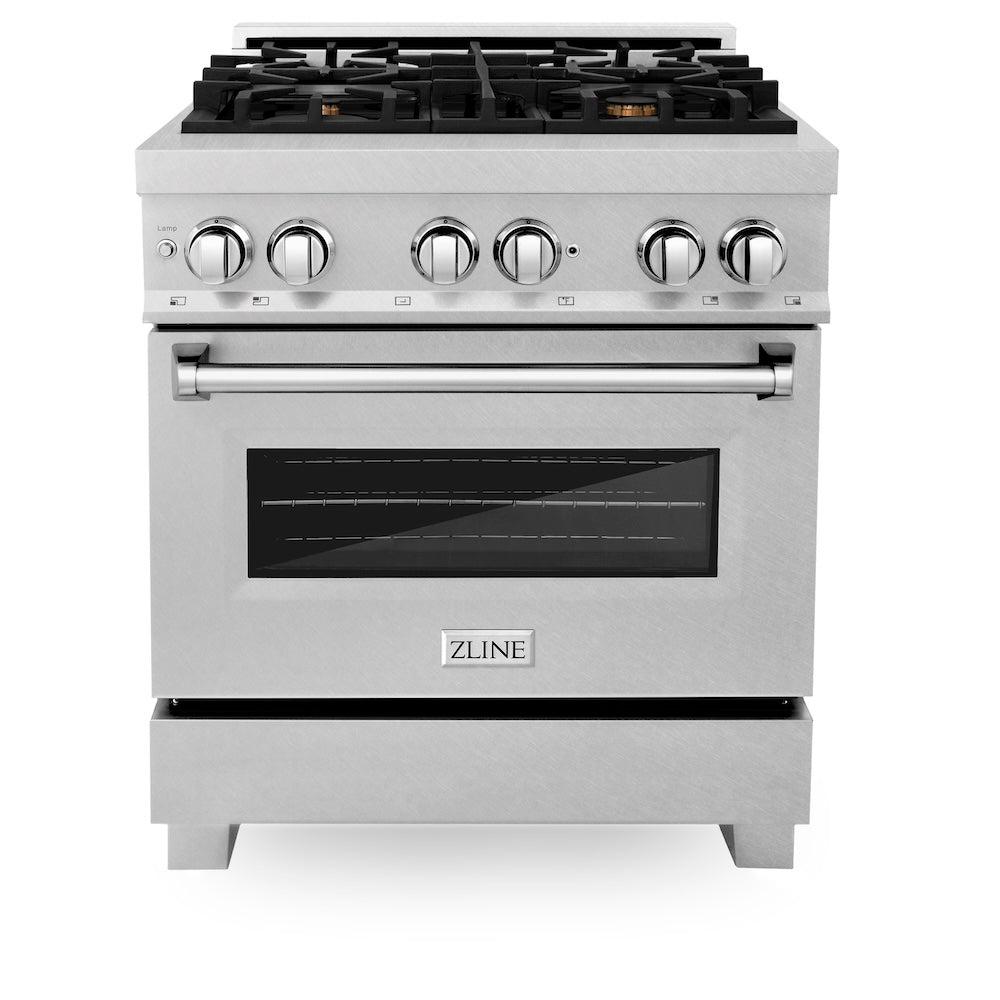 ZLINE 30 in. 4.0 cu. ft. Legacy Dual Fuel Range with Gas Cooktop and Electric Convection Oven in Satin Stainless Steel with 4 Brass Burners (RAS-SN-BR-30) front.