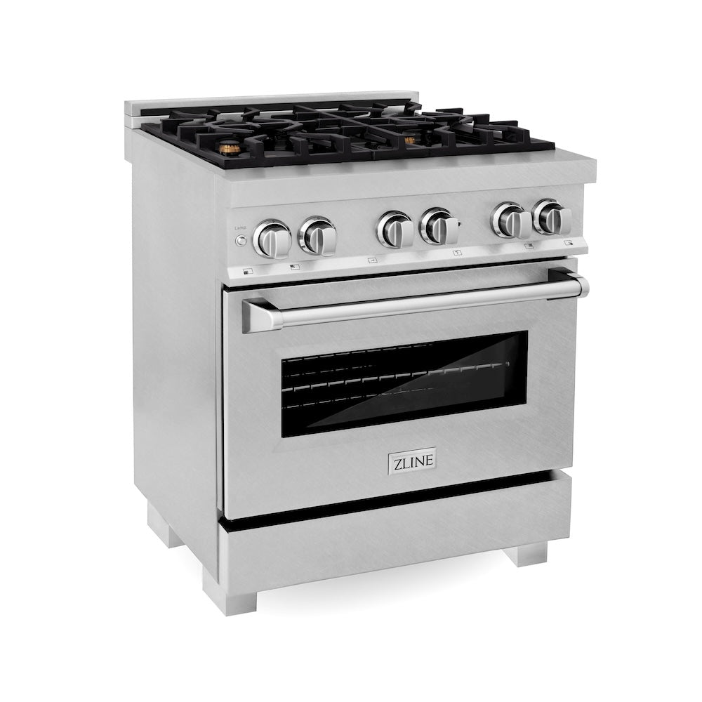 ZLINE 30 in. 4.0 cu. ft. Legacy Dual Fuel Range with Gas Cooktop and Electric Convection Oven in Satin Stainless Steel with 4 Brass Burners (RAS-SN-BR-30) main image.