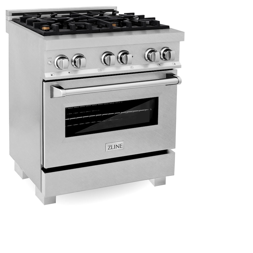 ZLINE 30 in. 4.0 cu. ft. Legacy Dual Fuel Range with Gas Cooktop and Electric Convection Oven in Satin Stainless Steel with 4 Brass Burners (RAS-SN-BR-30) side.