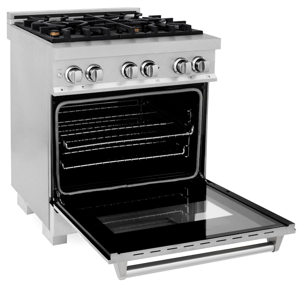 ZLINE 30 in. 4.0 cu. ft. Legacy Dual Fuel Range with Gas Cooktop and Electric Convection Oven in Satin Stainless Steel with 4 Brass Burners (RAS-SN-BR-30) side, oven open.