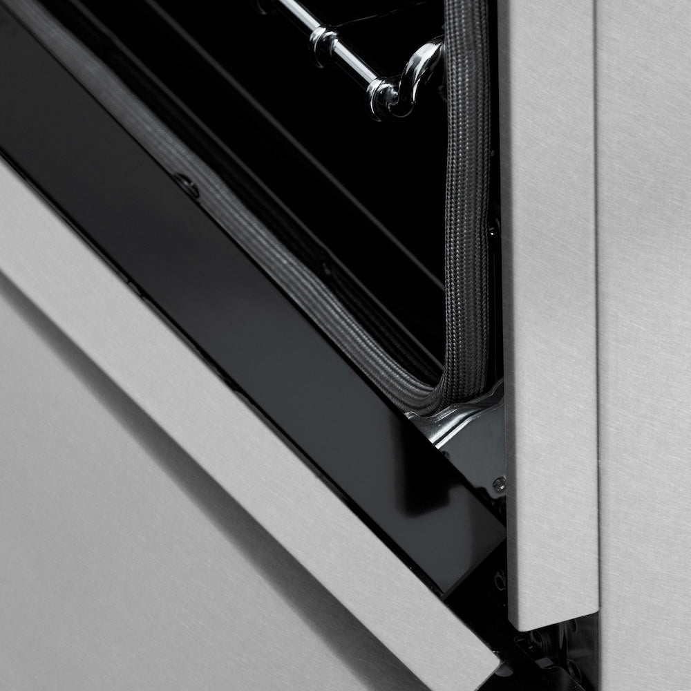 ZLINE 36 in. 4.6 cu. ft. Legacy Dual Fuel Range with Gas Cooktop and Electric Convection Oven in Satin Stainless Steel with 6 Brass Burners (RAS-SN-BR-36) StayPut oven door hinge.