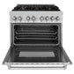 ZLINE 36 in. 4.6 cu. ft. Legacy Dual Fuel Range with Gas Cooktop and Electric Convection Oven in Satin Stainless Steel with 6 Brass Burners (RAS-SN-BR-36) front, oven open.