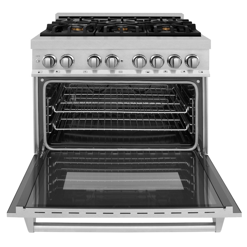ZLINE 36 in. 4.6 cu. ft. Legacy Dual Fuel Range with Gas Cooktop and Electric Convection Oven in Satin Stainless Steel with 6 Brass Burners (RAS-SN-BR-36) front, oven open.