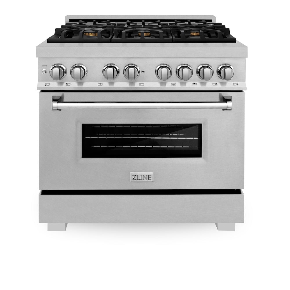 ZLINE 36 in. 4.6 cu. ft. Legacy Dual Fuel Range with Gas Cooktop and Electric Convection Oven in Satin Stainless Steel with 6 Brass Burners (RAS-SN-BR-36) front.