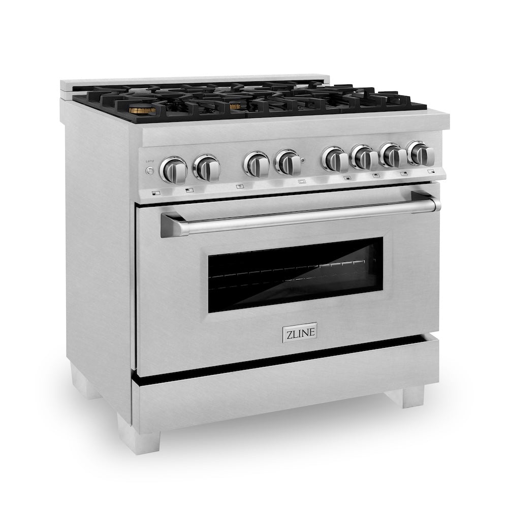ZLINE 36 in. 4.6 cu. ft. Legacy Dual Fuel Range with Gas Cooktop and Electric Convection Oven in Satin Stainless Steel with 6 Brass Burners (RAS-SN-BR-36) main image.
