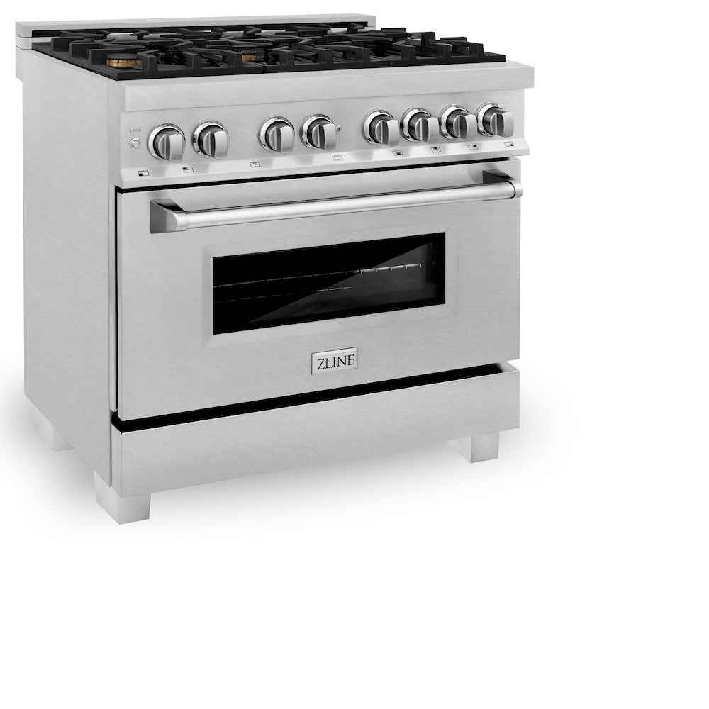 ZLINE 36 in. 4.6 cu. ft. Legacy Dual Fuel Range with Gas Cooktop and Electric Convection Oven in Satin Stainless Steel with 6 Brass Burners (RAS-SN-BR-36) side.
