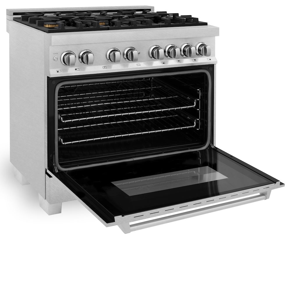 ZLINE 36 in. 4.6 cu. ft. Legacy Dual Fuel Range with Gas Cooktop and Electric Convection Oven in Satin Stainless Steel with 6 Brass Burners (RAS-SN-BR-36) side, oven open.