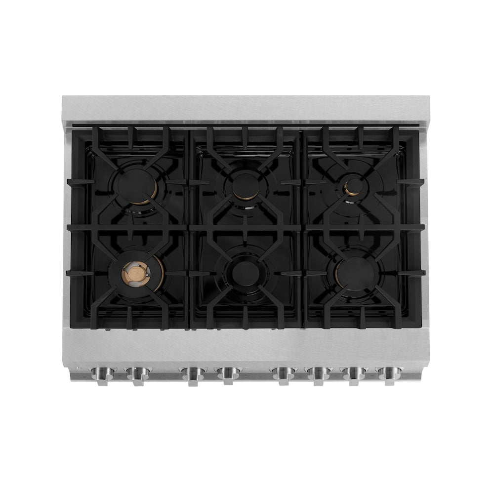 ZLINE 36 in. 4.6 cu. ft. Legacy Dual Fuel Range with Gas Cooktop and Electric Convection Oven in Satin Stainless Steel with 6 Brass Burners (RAS-SN-BR-36) top-down, above cooktop.