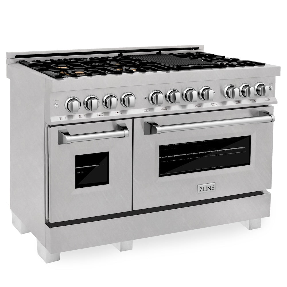 ZLINE 48 in. 6.0 cu. ft. Legacy Dual Fuel Range with Gas Cooktop and 2 Electric Ovens in Satin Stainless Steel with 6 Brass Burners (RAS-SN-BR-48) main image.