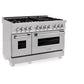 ZLINE 48 in. 6.0 cu. ft. Legacy Dual Fuel Range with Gas Cooktop and 2 Electric Ovens in Satin Stainless Steel with 6 Brass Burners (RAS-SN-BR-48) side.