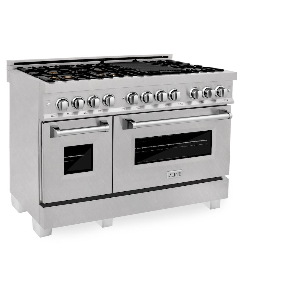 ZLINE 48 in. 6.0 cu. ft. Legacy Dual Fuel Range with Gas Cooktop and 2 Electric Ovens in Satin Stainless Steel with 6 Brass Burners (RAS-SN-BR-48) side.