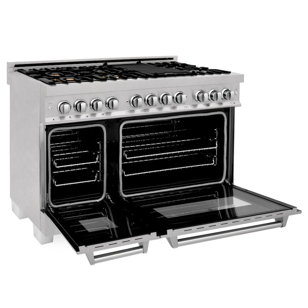 ZLINE 48 in. 6.0 cu. ft. Legacy Dual Fuel Range with Gas Cooktop and 2 Electric Ovens in Satin Stainless Steel with 6 Brass Burners (RAS-SN-BR-48)