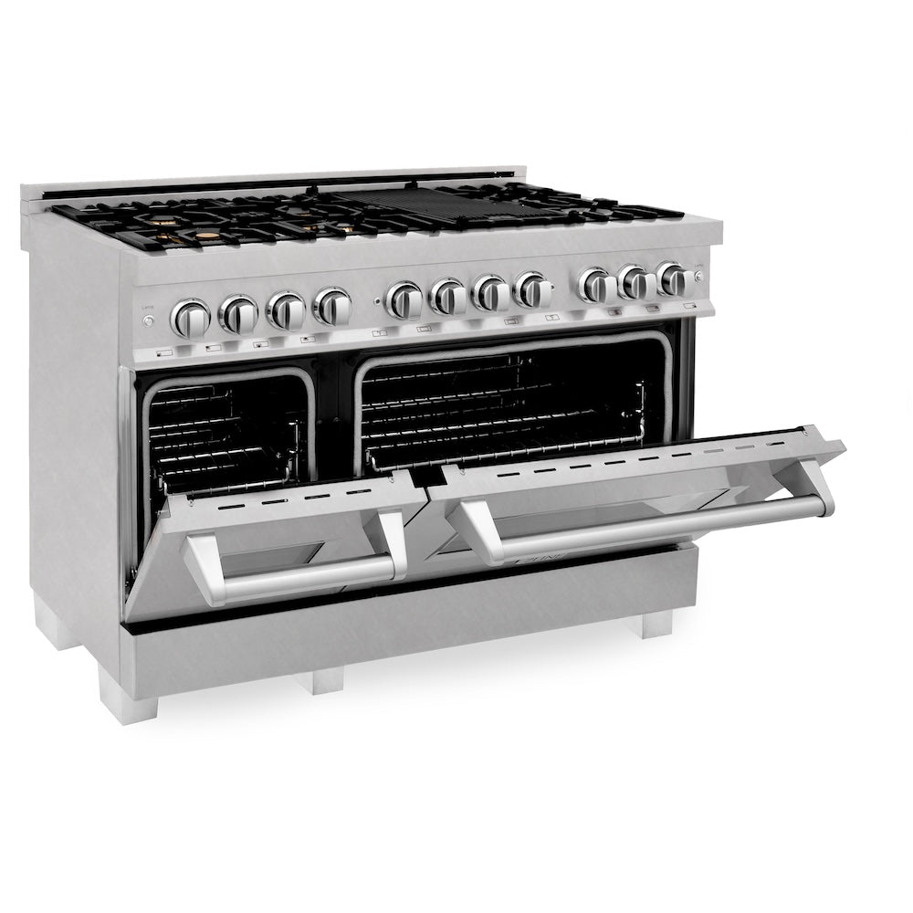 ZLINE 48 in. 6.0 cu. ft. Legacy Dual Fuel Range with Gas Cooktop and 2 Electric Ovens in Satin Stainless Steel with 6 Brass Burners (RAS-SN-BR-48)