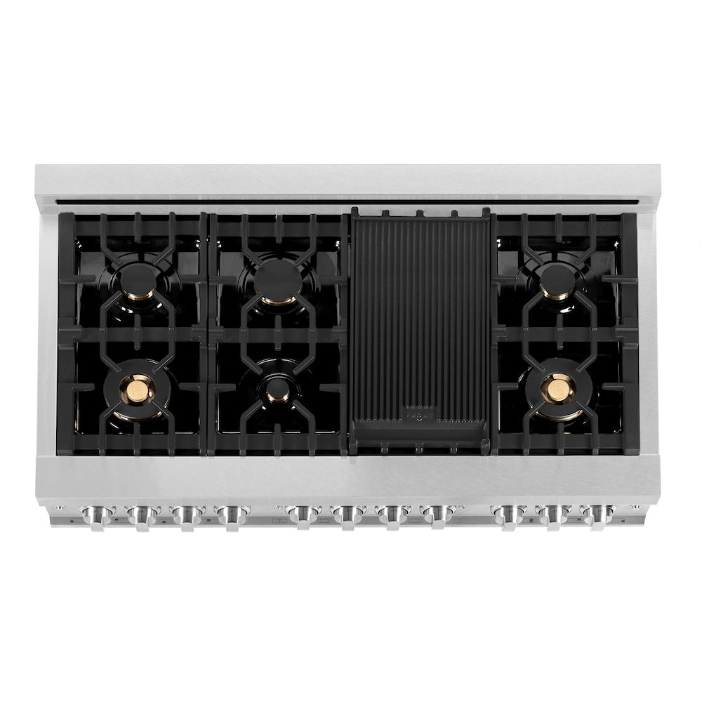 ZLINE 48 in. 6.0 cu. ft. Legacy Dual Fuel Range with Gas Cooktop and 2 Electric Ovens in Satin Stainless Steel with 6 Brass Burners (RAS-SN-BR-48) top-down, above cooktop.