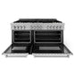 ZLINE 60 in. 7.4 cu. ft. Legacy Dual Fuel Range with Gas Cooktop and 2 Electric Convection Ovens in Satin Stainless Steel with 8 Brass Burners (RAS-SN-BR-60) front, oven open.