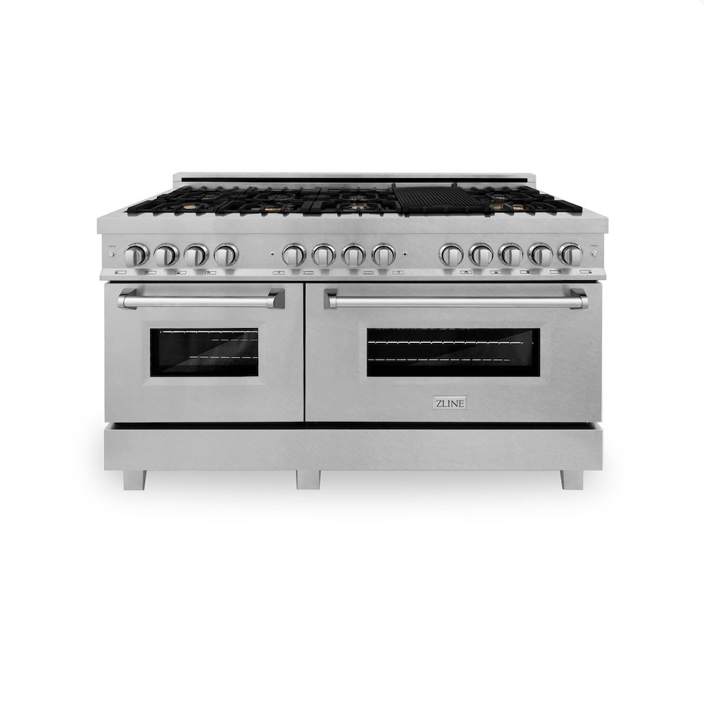 ZLINE 60 in. 7.4 cu. ft. Legacy Dual Fuel Range with Gas Cooktop and 2 Electric Convection Ovens in Satin Stainless Steel with 8 Brass Burners (RAS-SN-BR-60) front.