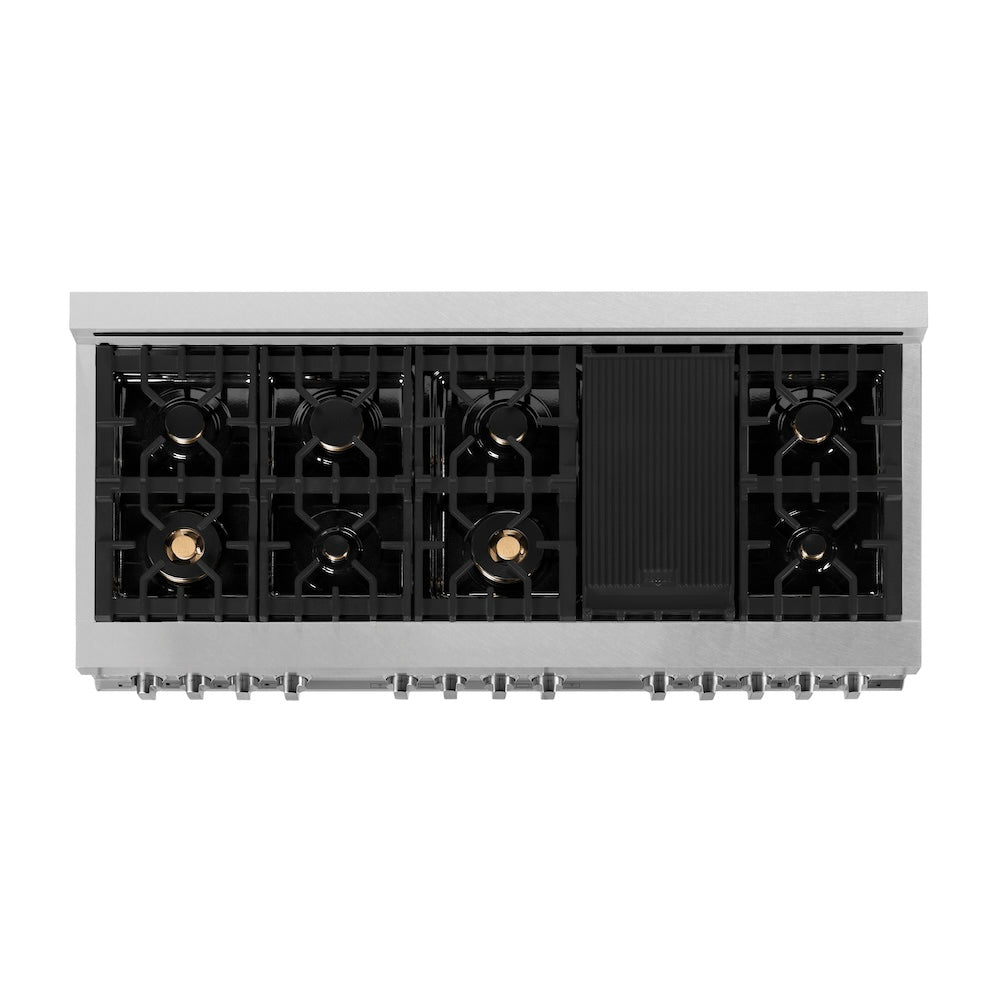 ZLINE 60 in. 7.4 cu. ft. Legacy Dual Fuel Range with Gas Cooktop and 2 Electric Convection Ovens in Satin Stainless Steel with 8 Brass Burners (RAS-SN-BR-60) top-down, above cooktop.