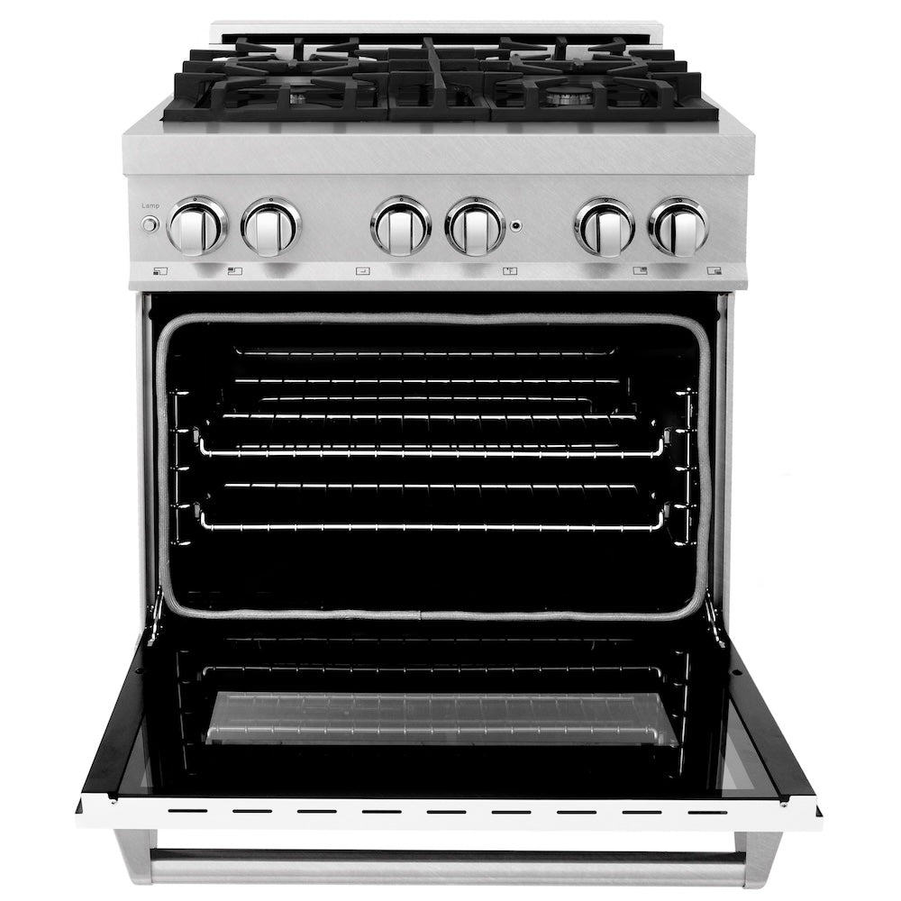 ZLINE 30 in. 4.0 cu. ft. Legacy Dual Fuel Range with 4 Burner Gas Cooktop and Electric Convection Oven in Satin Stainless Steel and White Matte Door (RAS-WM-30)
